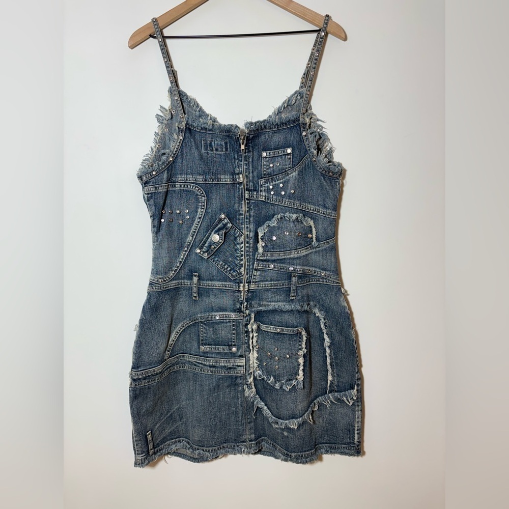 Deadstock Vtg 90s Y2K Platinum Plush Denim Patchwork Studded Jean Mini Dress - Picture 6 of 10